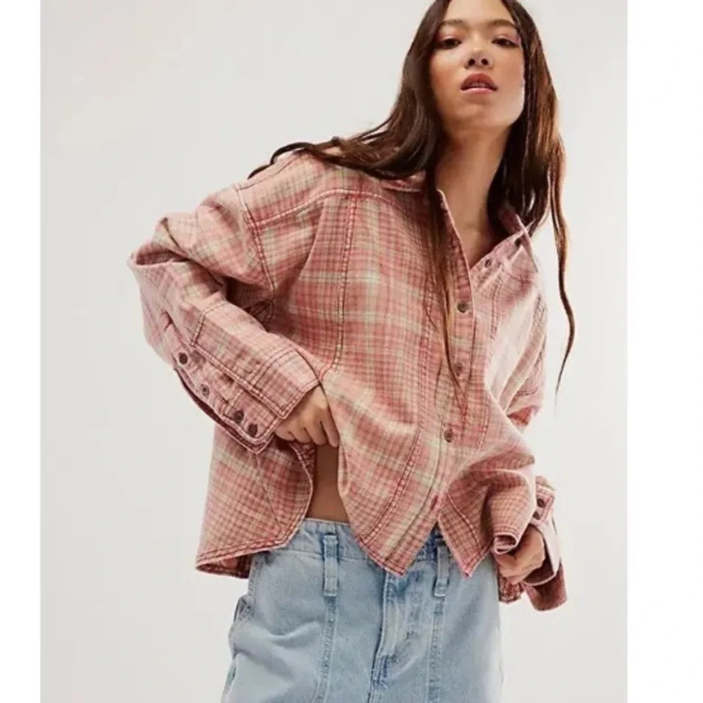 Free People We The Free Remade Plaid Top Red Combo Button Front Shirt Small - Picture 2 of 10
